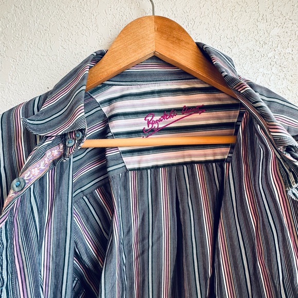 Bugatchi Uomo Button Down Shirt Flip Cuffs Stripes Large Men 100% Cotton Purple - Picture 8 of 12
